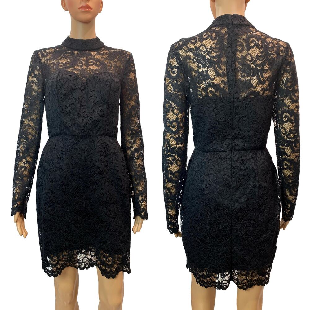 Black Lace Pencil Skirt Dress | "Missguided" Long Sleeve High Neck | 8